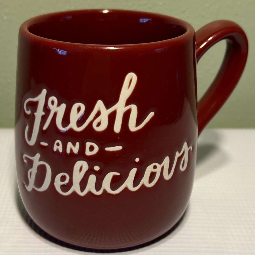 Threshold Maroon Stoneware Coffee Cup Mug  Embossed Fresh AND Delicious 14oz